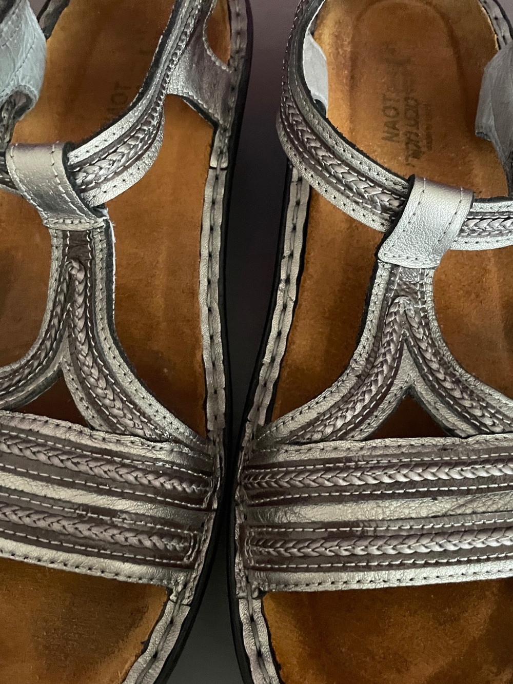 Naot Nara Silver Pewter Leather Comfort Sandals Hook Loop EU 41 US 10-10.5 - Picture 3 of 14